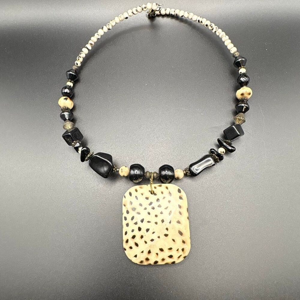 Black and White Beaded Choker Necklace, NEW, Handmade, 15”